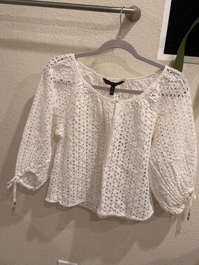 White House Black Market White Eyelet Crochet Peasant Top